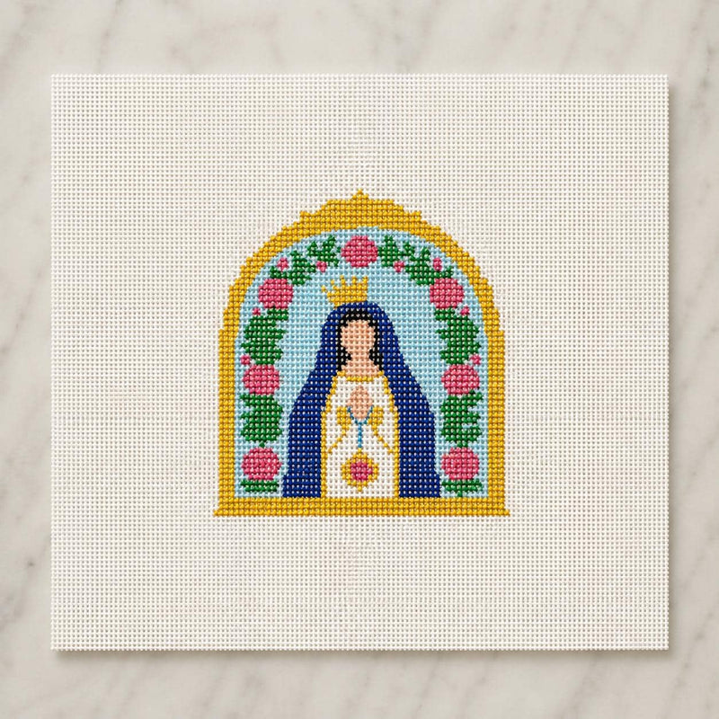 Virgin Mary Needlepoint Canvas, Hand-Painted 13 Mesh, Floral Religious Ornament Design