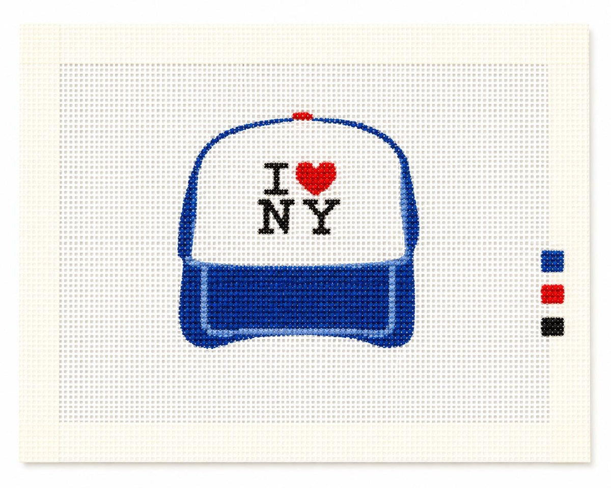 NYC Baseball Cap Needlepoint Canvas, Hand-Painted 13 Mesh, New York Hat Luggage Tag Ornament