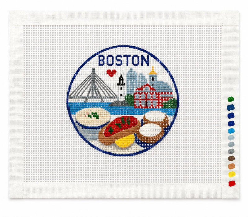 Boston Needlepoint Canvas, Hand-Painted Massachusetts Travel Ornament, Boston Landmark Coastal Design