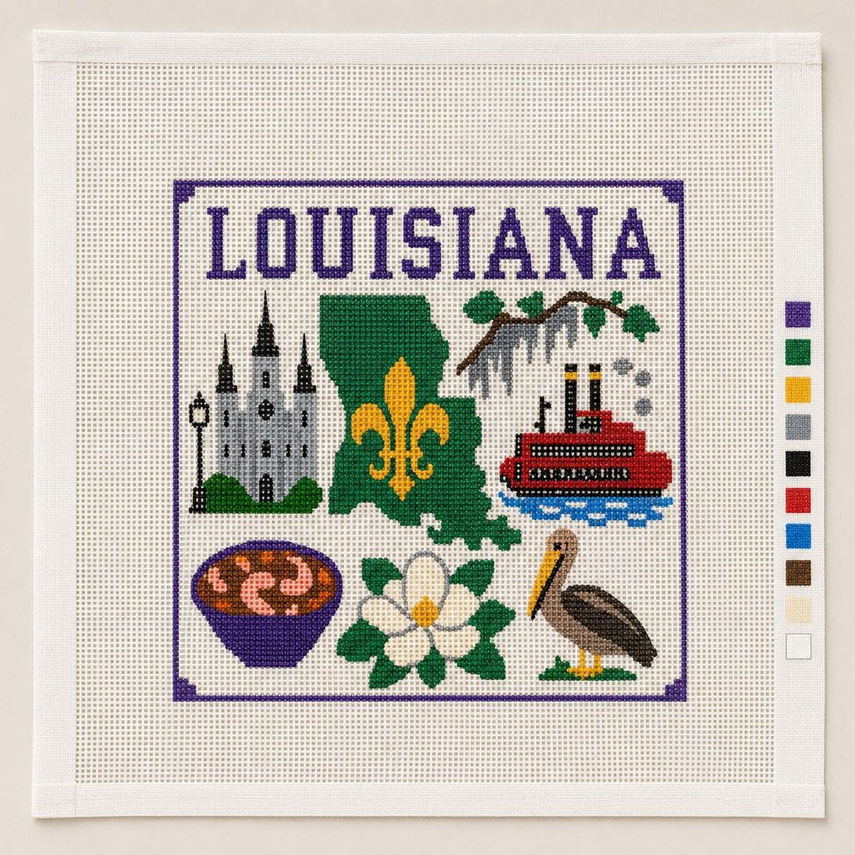 Louisiana Needlepoint Canvas, Hand-Painted 13 Mesh, Fleur de Lis Steamboat Pelican Magnolia Design