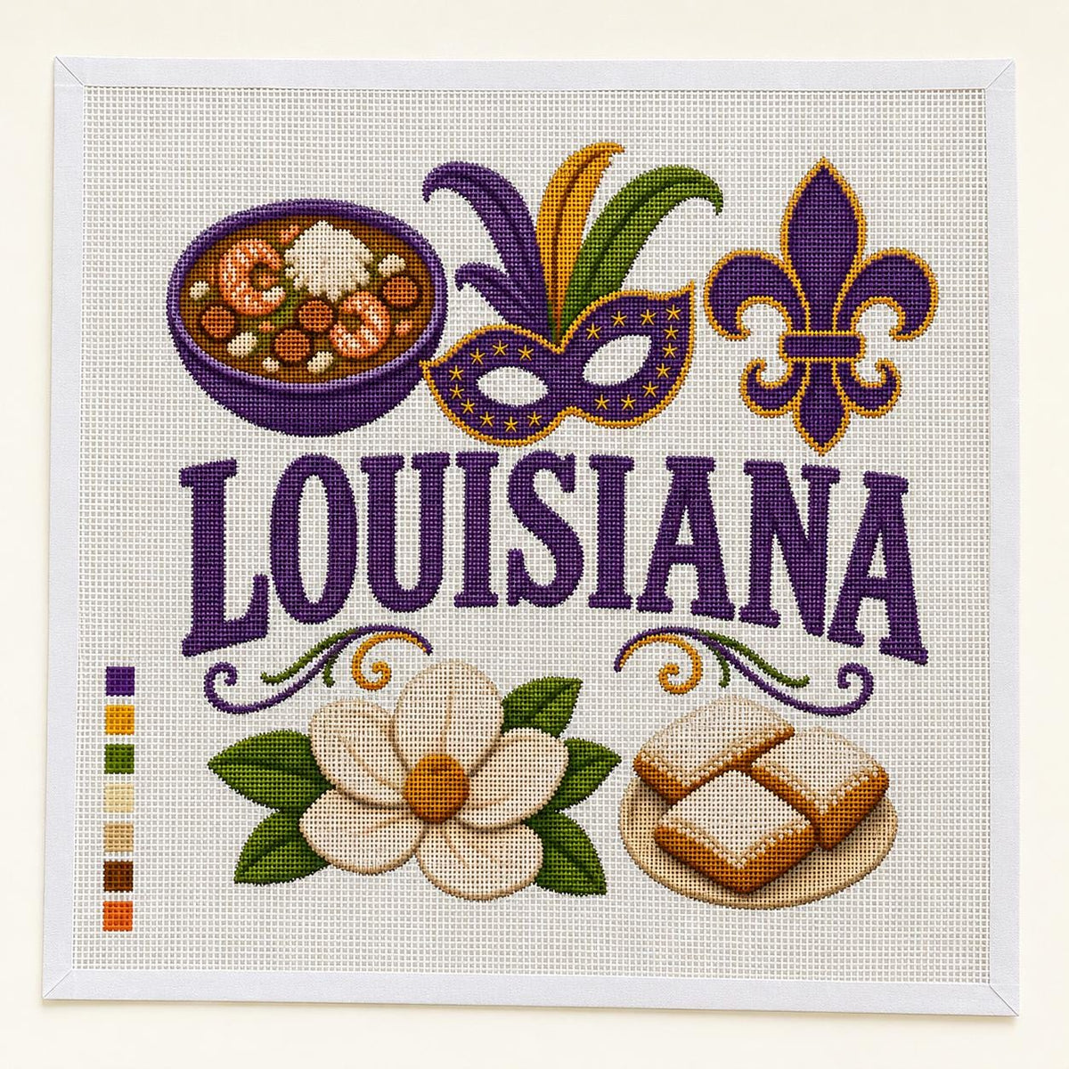 Louisiana Needlepoint Canvas, Mardi Gras Magnolia Beignet Fleur de Lis 13 Mesh Design