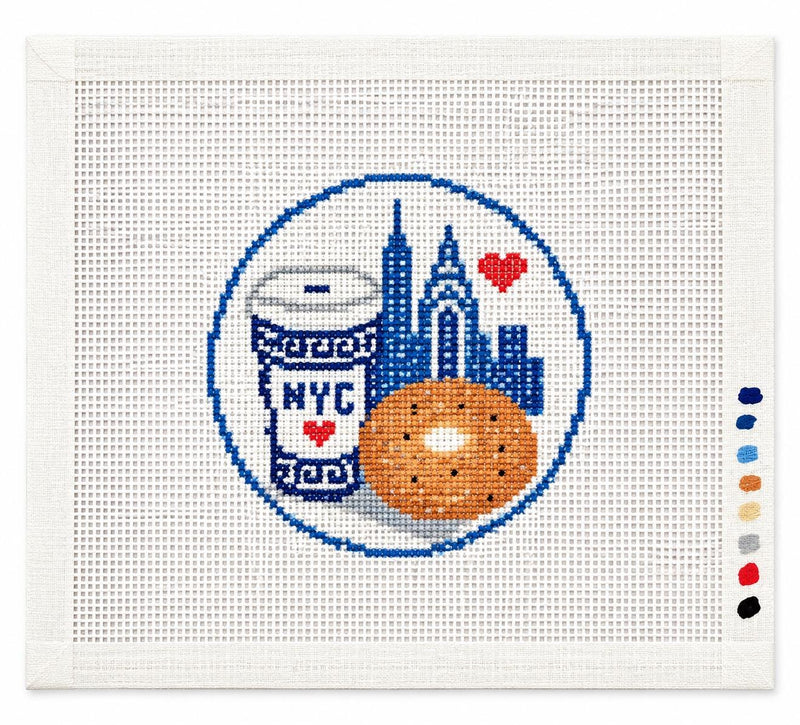New York City Needlepoint Canvas, Hand-Painted 13 Mesh, NYC Bagel Coffee Skyline Ornament Design