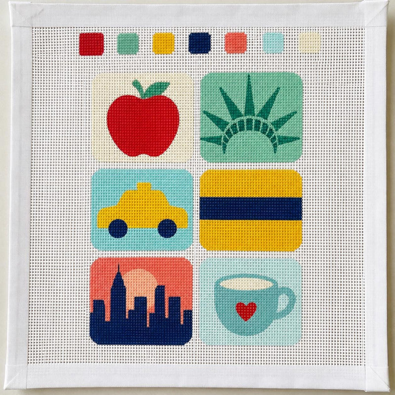 New York City Needlepoint Canvas, NYC Taxi Statue of Liberty Skyline Apple Coffee Design