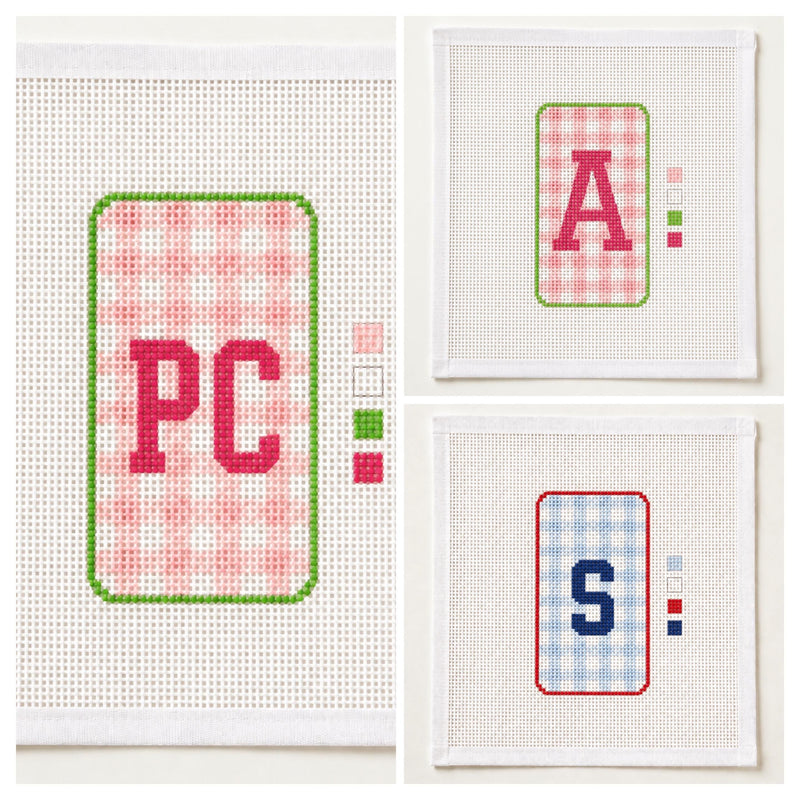 Personalized Initial Needlepoint Canvas, Custom Gingham Luggage Tag, Handbag Charm 18 Mesh Design