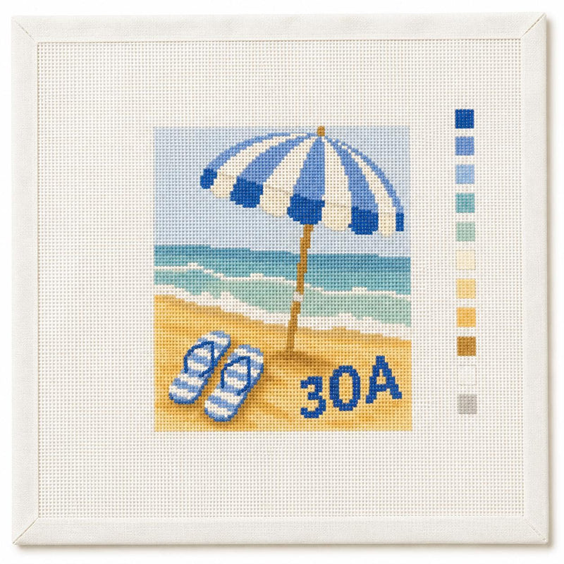 30A Beach Needlepoint Canvas, Coastal Umbrella Sandals Ocean Design, Florida Travel Keepsake