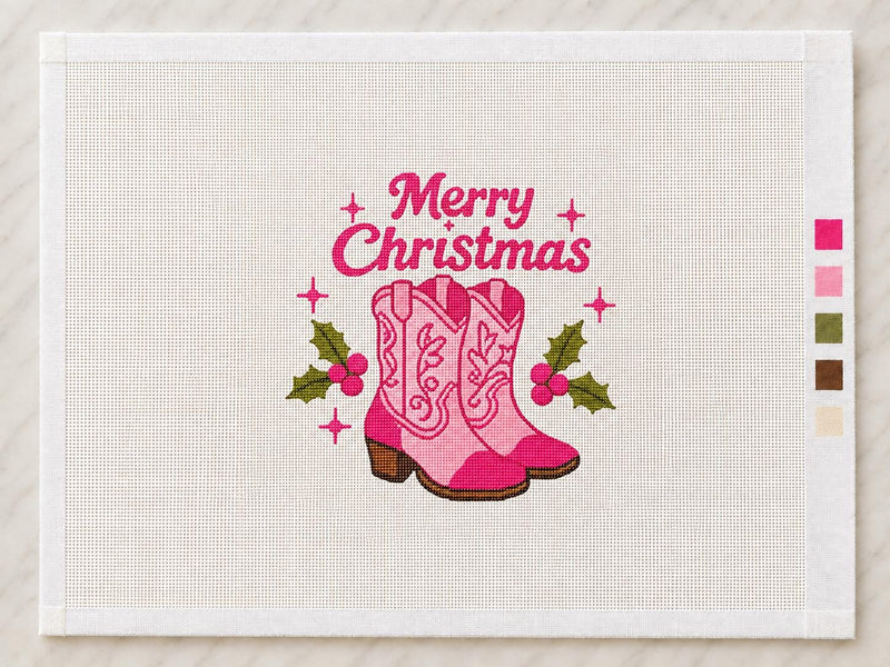 Merry Christmas Cowboy Boots Needlepoint Canvas, Pink Western Holiday 18 Mesh Ornament Design