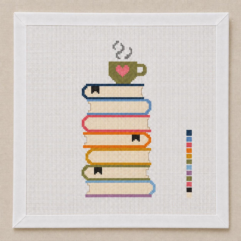 Books and Coffee Needlepoint Canvas, Book Lover Stack Design, Beginner Reading Stitching Project