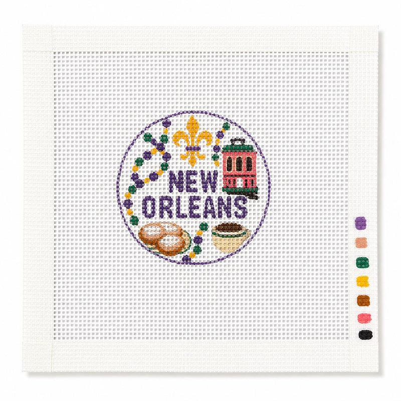 New Orleans Needlepoint Canvas, Hand-Painted Mini NOLA Ornament, Fleur de Lis Beignet Coffee Design