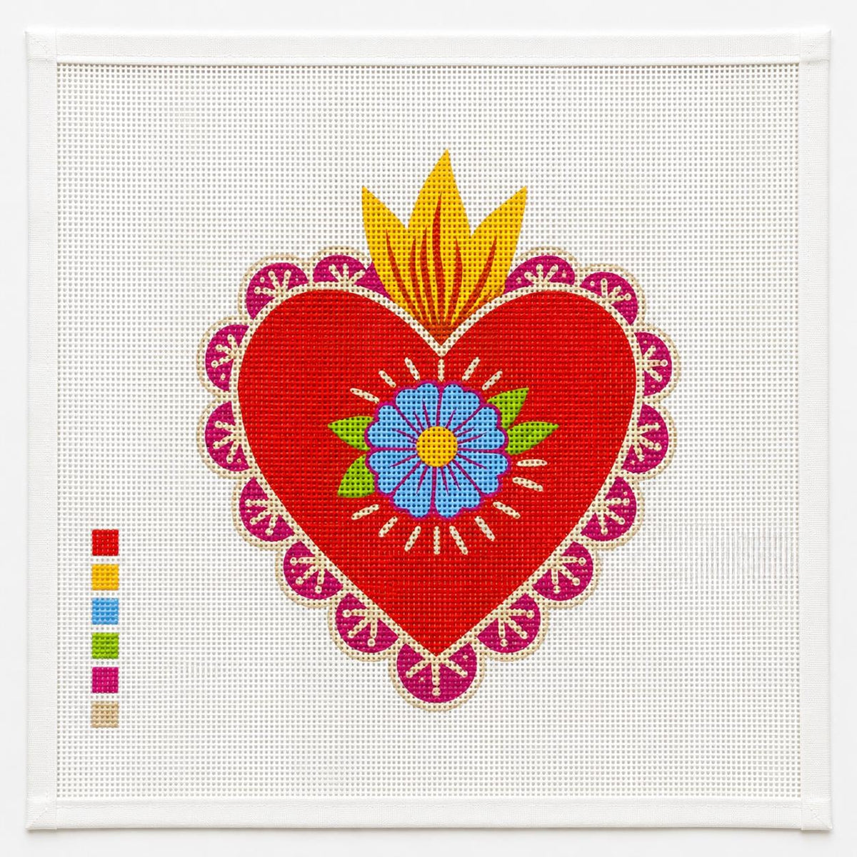 Sacred Heart Needlepoint Canvas, Colorful Floral Heart 13 Mesh, Flame Folk Art Stitching Design