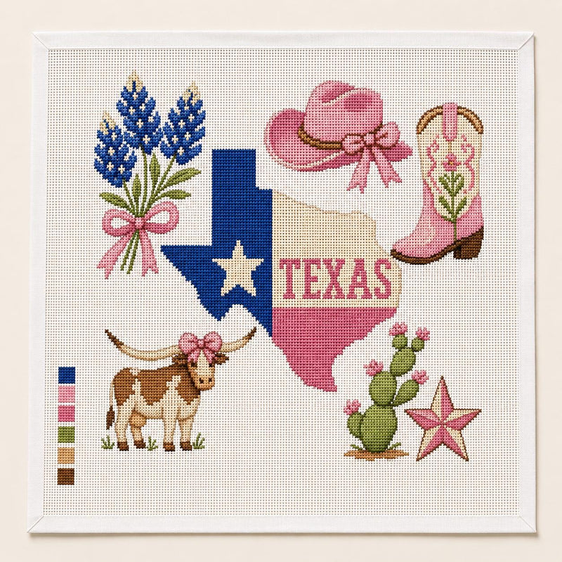 Texas Needlepoint Canvas, Cowgirl State Design, Bluebonnet Boot Longhorn Cactus 13 Mesh