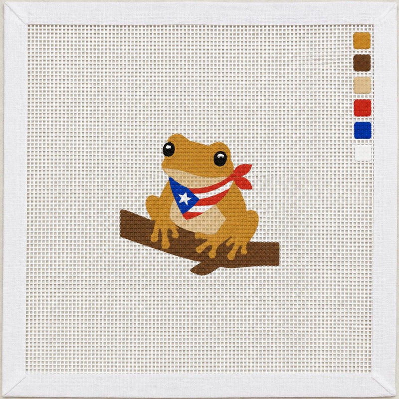 Puerto Rico Coquí Needlepoint Canvas, 13 Mesh Frog and Flag travel Design