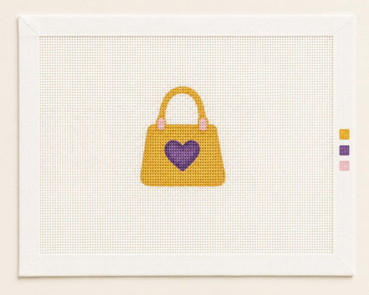 Gold Handbag Needlepoint Canvas, Purple Heart Bag Charm, Girly Beginner Needlepoint, Game Day Accessory