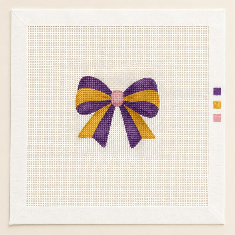 Purple and Gold Bow Needlepoint Canvas, Coquette Game Day Bag Charm, Beginner Hand-Painted Needlepoint