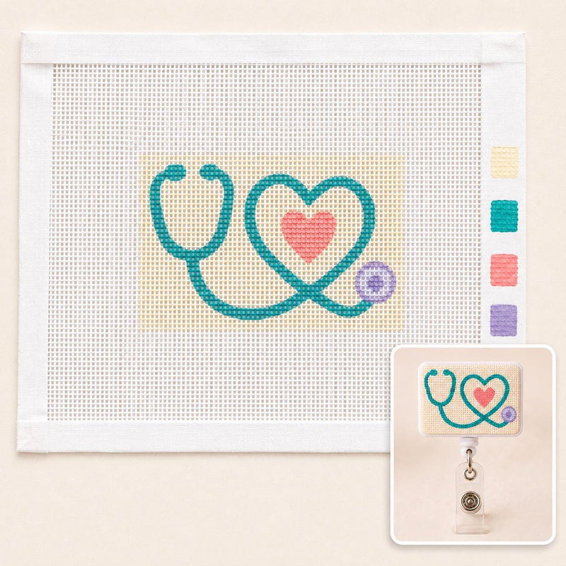 Stethoscope Heart Needlepoint Badge Reel Kit, DIY Nurse Craft, 18-Mesh Canvas