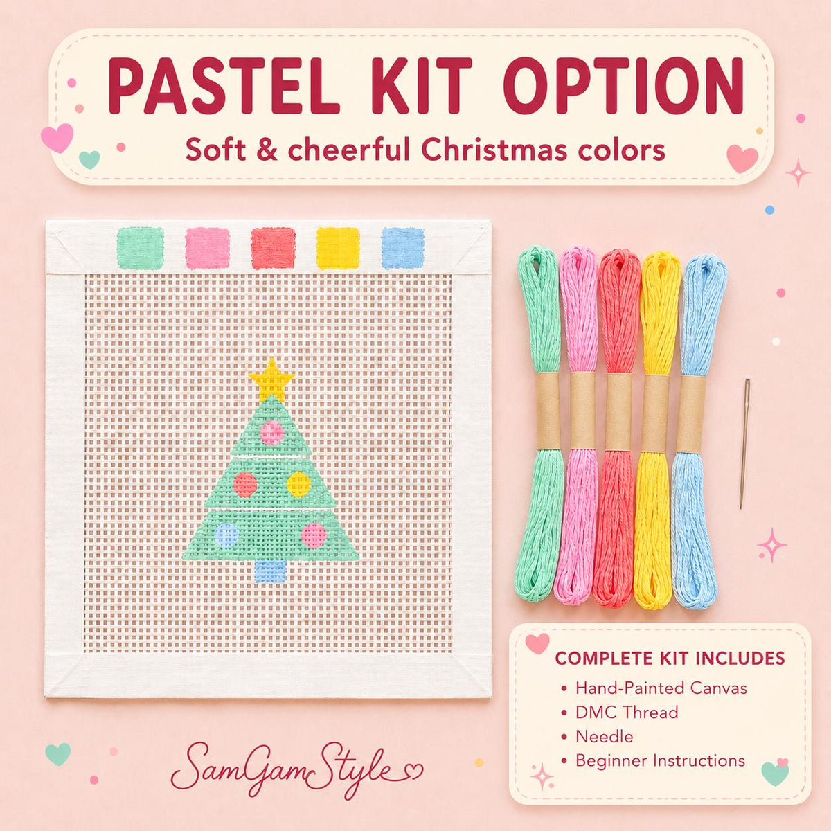 Christmas Tree Needlepoint Canvas or Beginner Kit, 13 Mesh, Christmas Ornament Handbag Charm