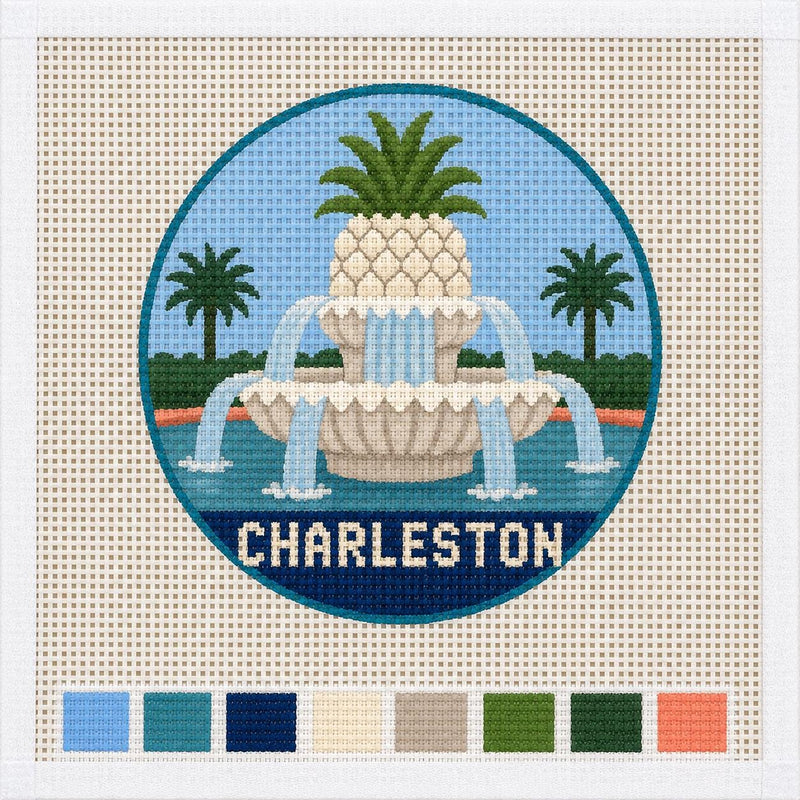 Charleston Pineapple Fountain Needlepoint Canvas – Hand-Painted 13 Mesh Ornament, South Carolina Gift