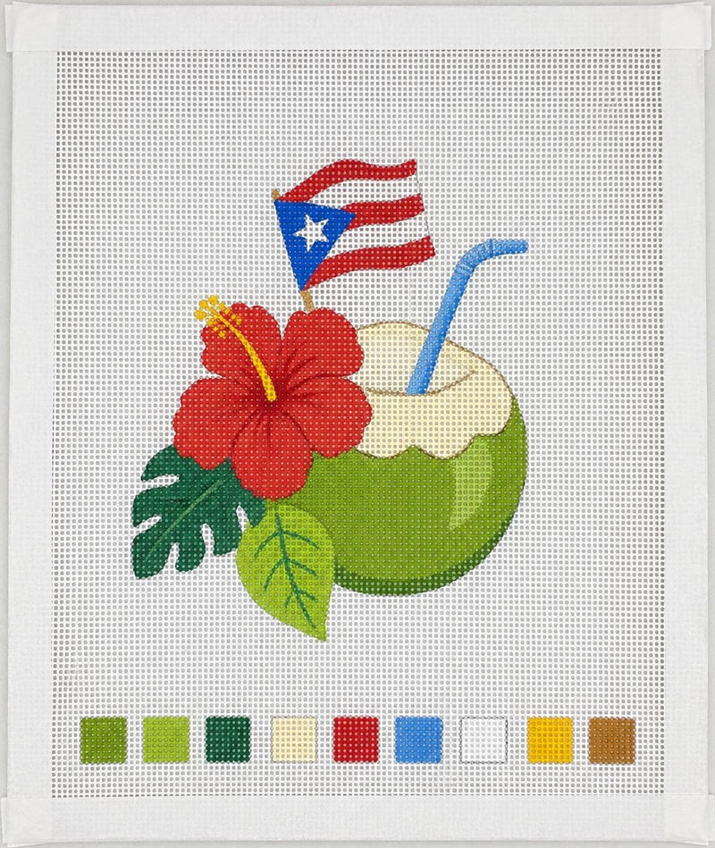 Puerto Rico Coconut Needlepoint Canvas, 13 Mesh Hibiscus and Flag Design