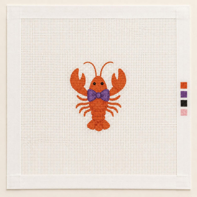 Hand-Painted Crawfish Needlepoint Canvas, Louisiana Bag Charm, Purple Bow, Southern Style