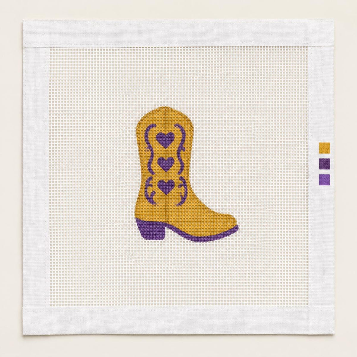 Gold Cowboy Boot Needlepoint Canvas, Purple Hearts, Western Game Day Charm