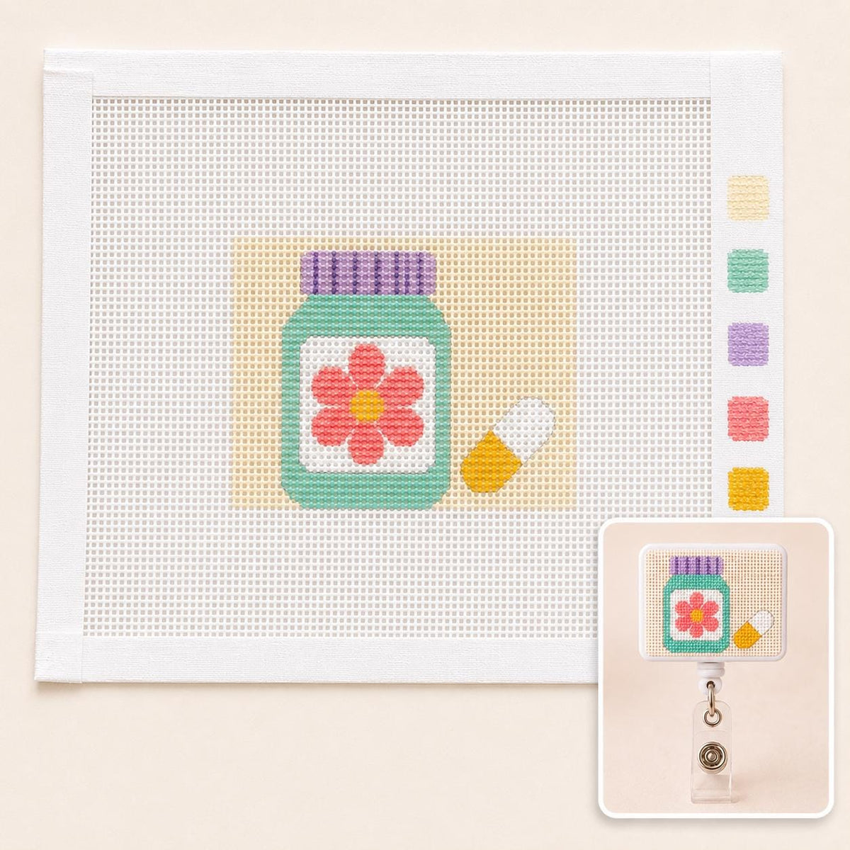 Happy Medicine Bottle Needlepoint Badge Reel Kit, DIY Pharmacist Craft, 18 Mesh