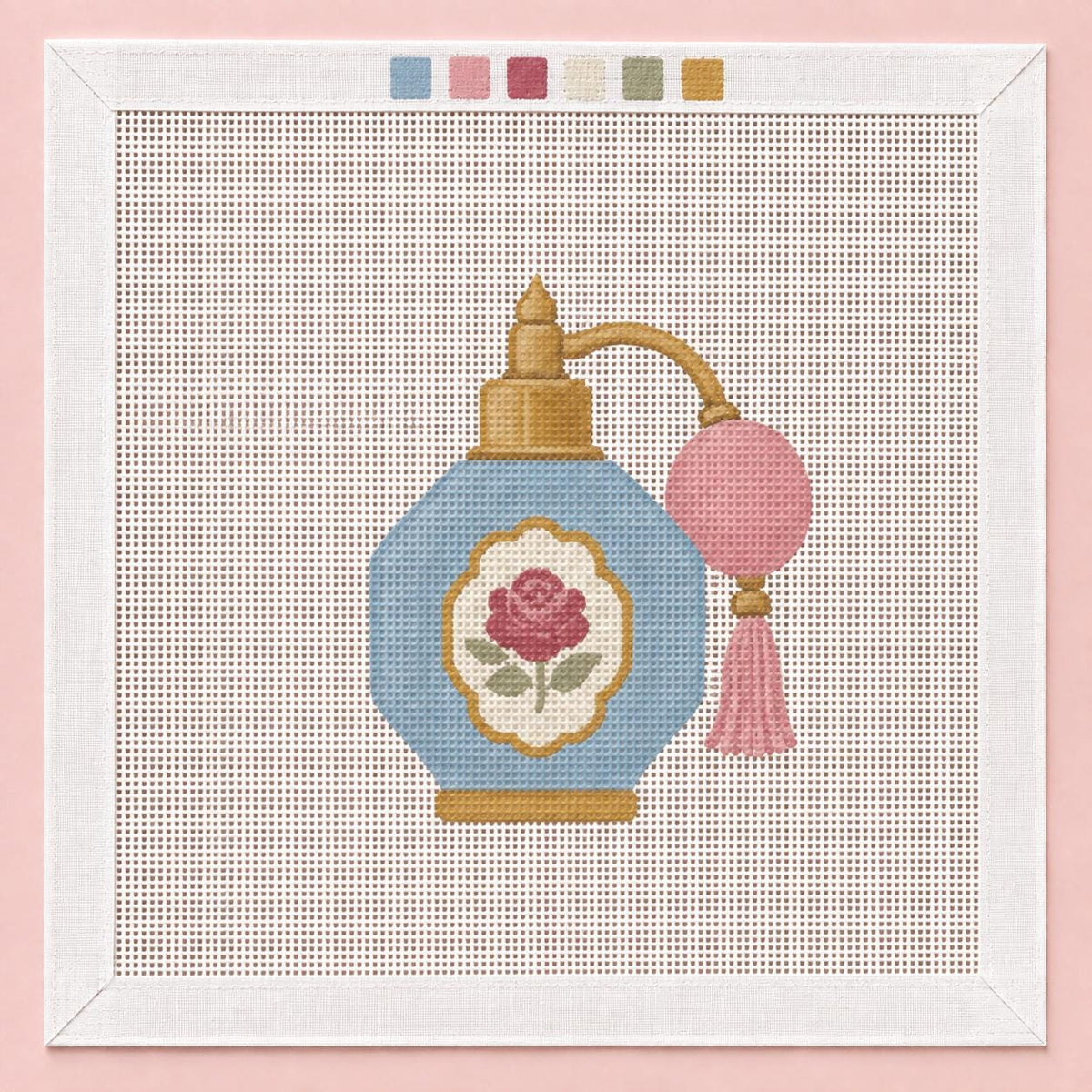 Coquette Perfume Bottle Needlepoint Canvas, Beginner-Friendly 18 Mesh, Shabby Chic Rose Design