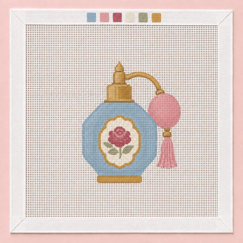 Coquette Perfume Bottle Needlepoint Canvas, Beginner-Friendly 18 Mesh, Shabby Chic Rose Design
