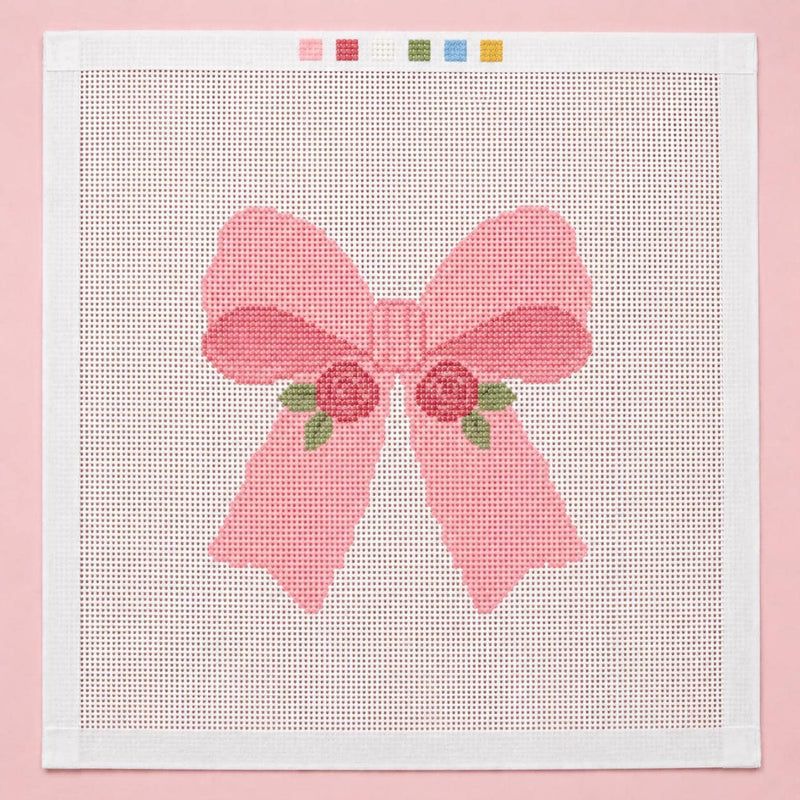 Coquette Pink Bow Needlepoint Canvas, Beginner-Friendly 18 Mesh, Shabby Chic Rose Design