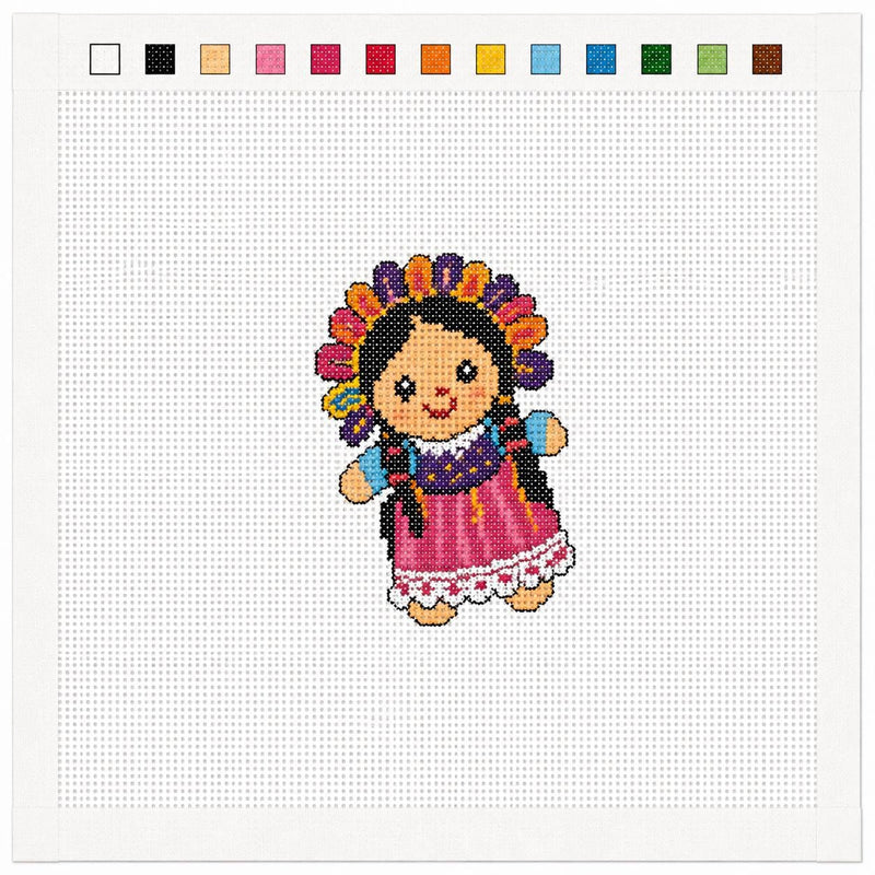 Mexican Folk Doll Needlepoint Canvas, Hand-Painted 13 Mesh, Latina Ornament, Mexican Bag Charm, Mini