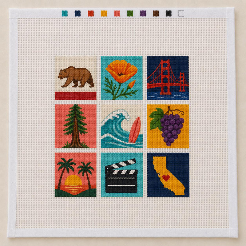 California Mosaic Needlepoint Canvas, Hand-Painted 13 Mesh, Golden Gate San Francisco Travel Design