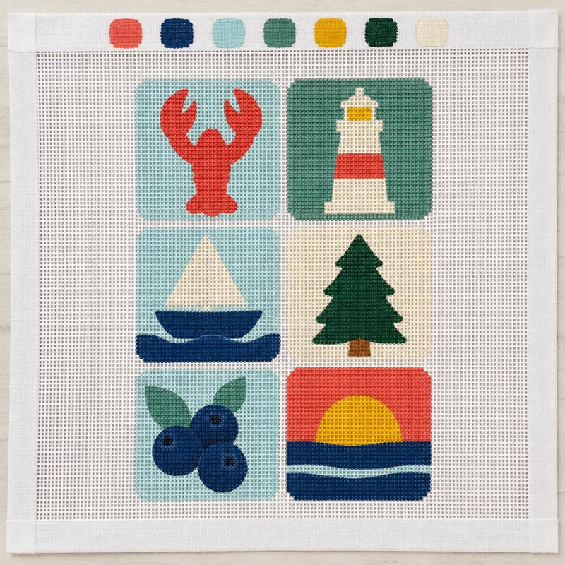 Maine Needlepoint Kit, Hand-Painted 13 Mesh Coastal Canvas, Lobster Lighthouse Sailboat