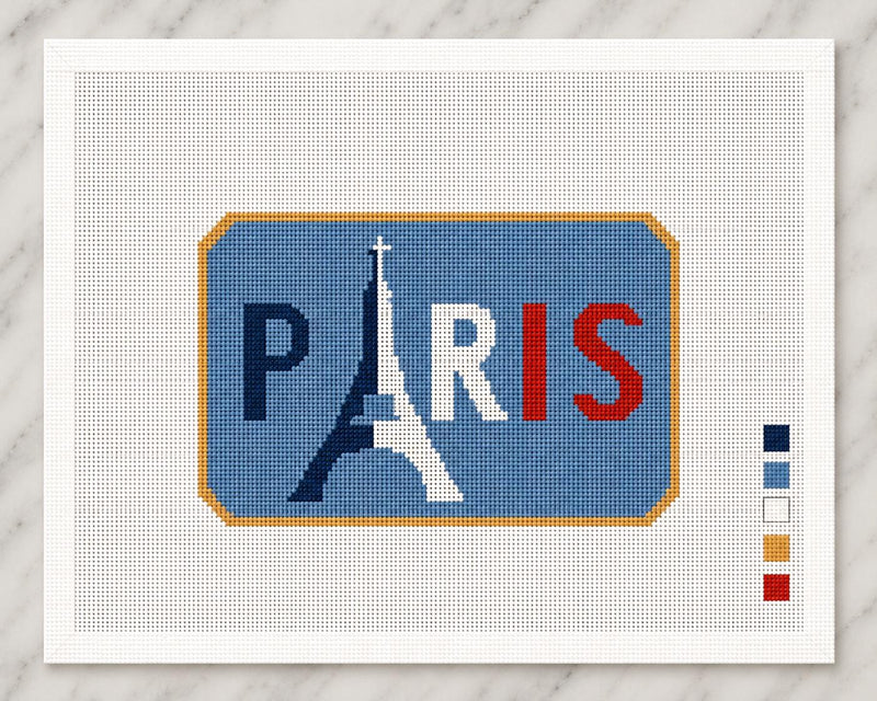 Paris Needlepoint Canvas, Eiffel Tower Travel Design, Beginner 13 Mesh Luggage Tag Ornament