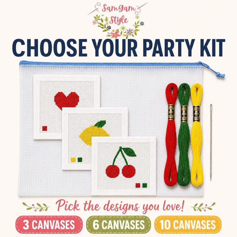 Kids Party Needlepoint Kit, Beginner Birthday Craft Activity, Choose 3 6 or 10 Mini Canvases