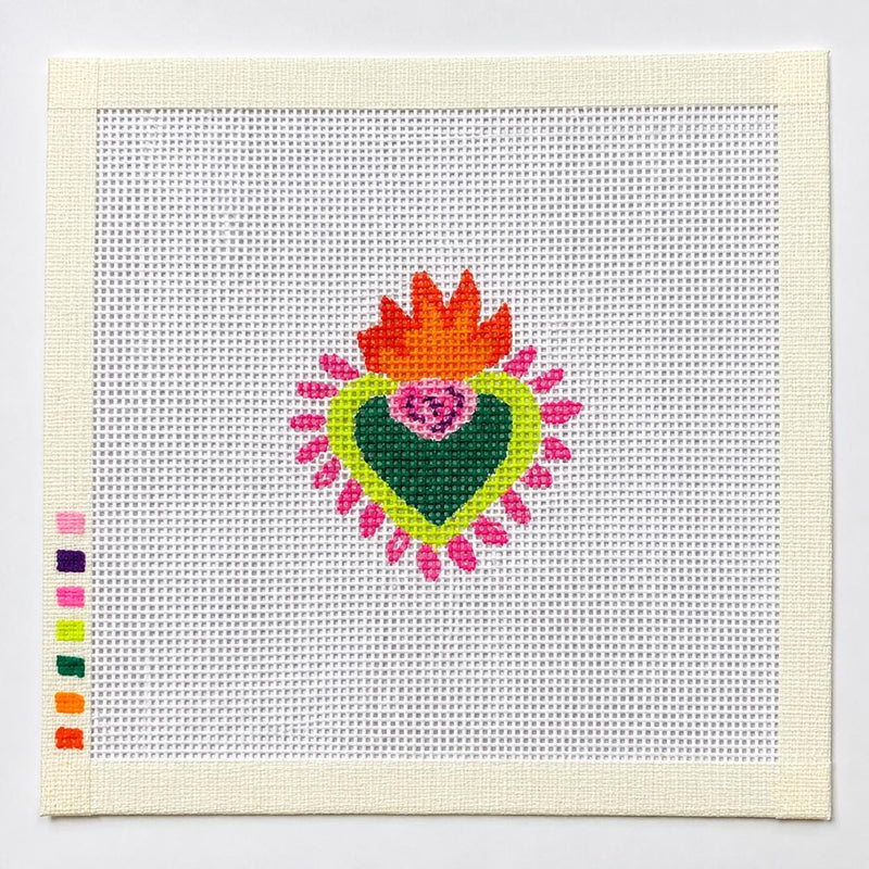 Mexican Folk Art Heart Needlepoint Canvas, Hand-Painted 13 Mesh Floral Eye Ornament Design