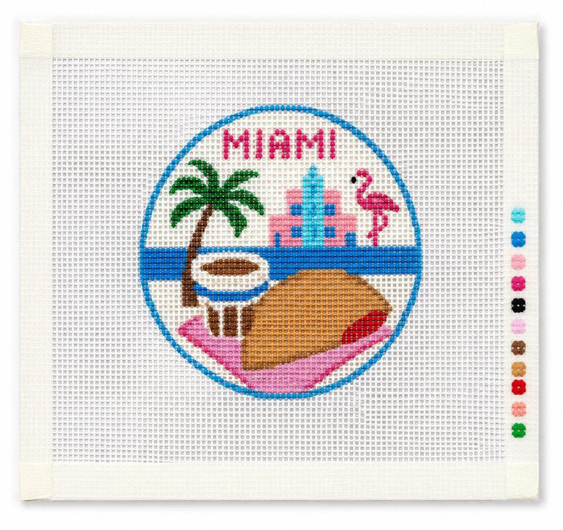Miami Needlepoint Canvas, Hand-Painted 13 Mesh, Miami Beach Flamingo Palm Tree Travel Design