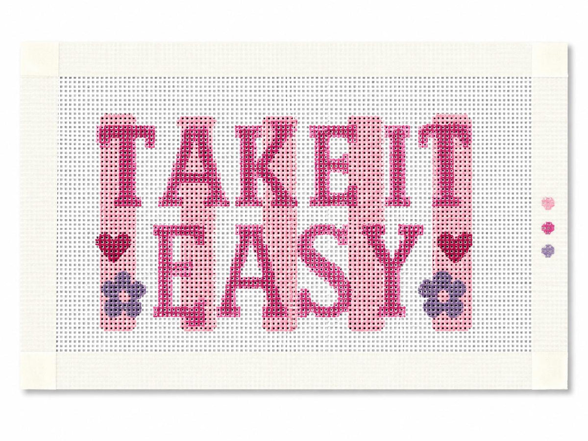 Take It Easy Needlepoint Canvas, Hand-Painted 13 Mesh, Pink Retro Quote Floral Design