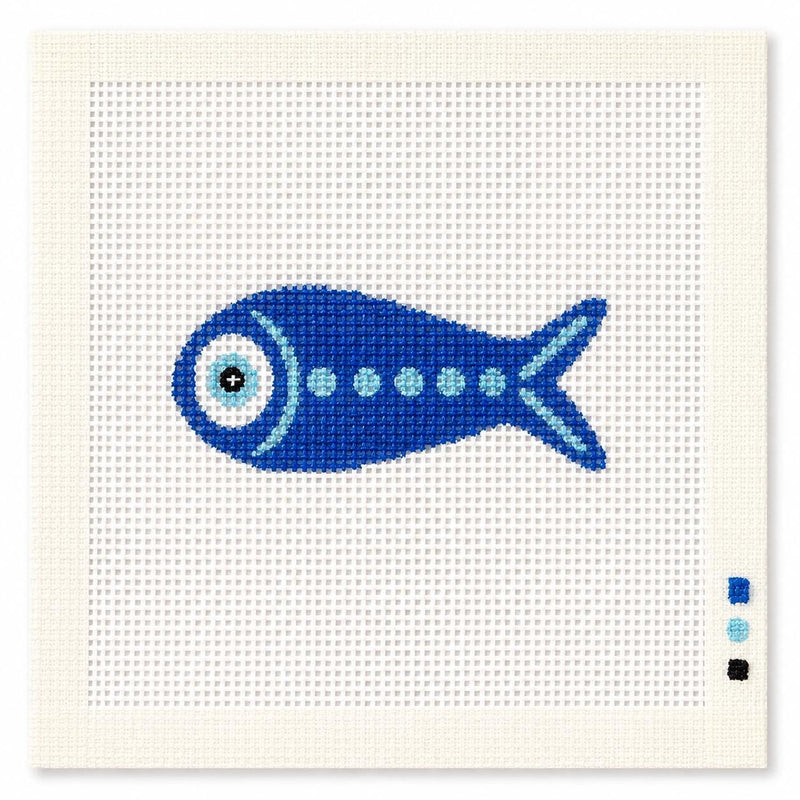 Sardine Needlepoint Canvas, Hand-Painted 13 Mesh Fish Evil Eye Coastal Ornament Bag Charm Design