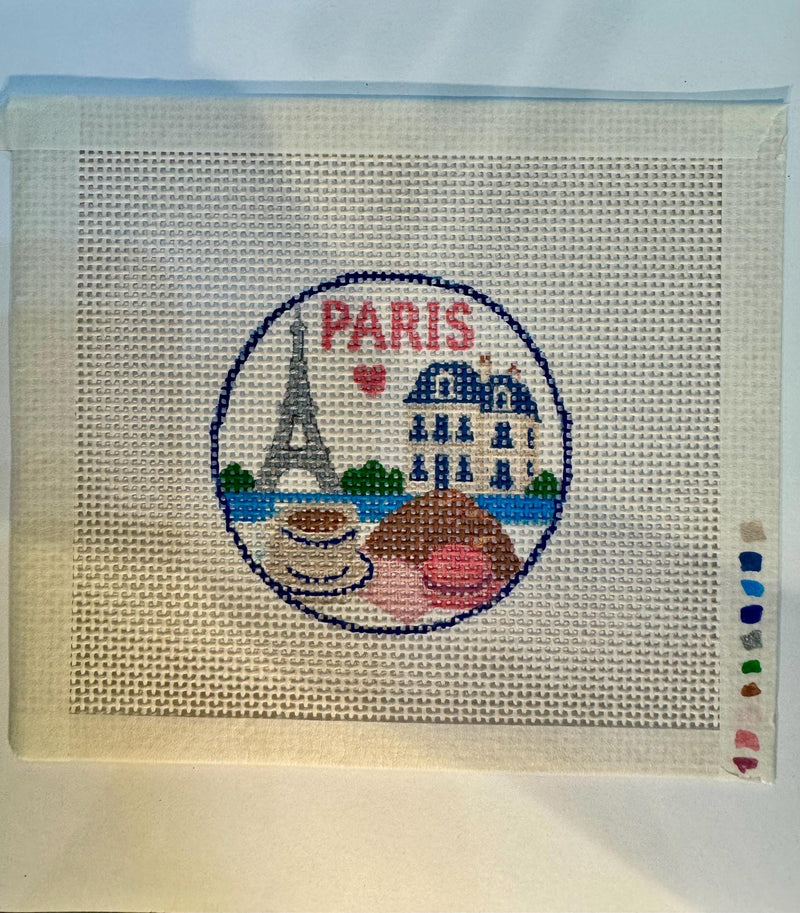 Paris Needlepoint Canvas, Hand-Painted Eiffel Tower Macaron Café, France Travel Ornament Design