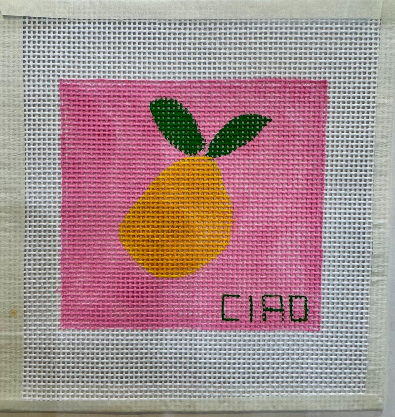 Ciao Pear Needlepoint Canvas, Hand-Painted 13 Mesh, Pink Fruit Design, Colorful Kitchen Decor