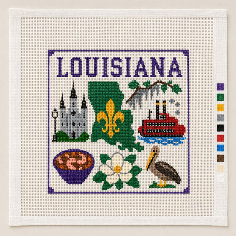 Louisiana Needlepoint Canvas, Hand-Painted 13 Mesh, Fleur de Lis Steamboat Pelican Magnolia Design