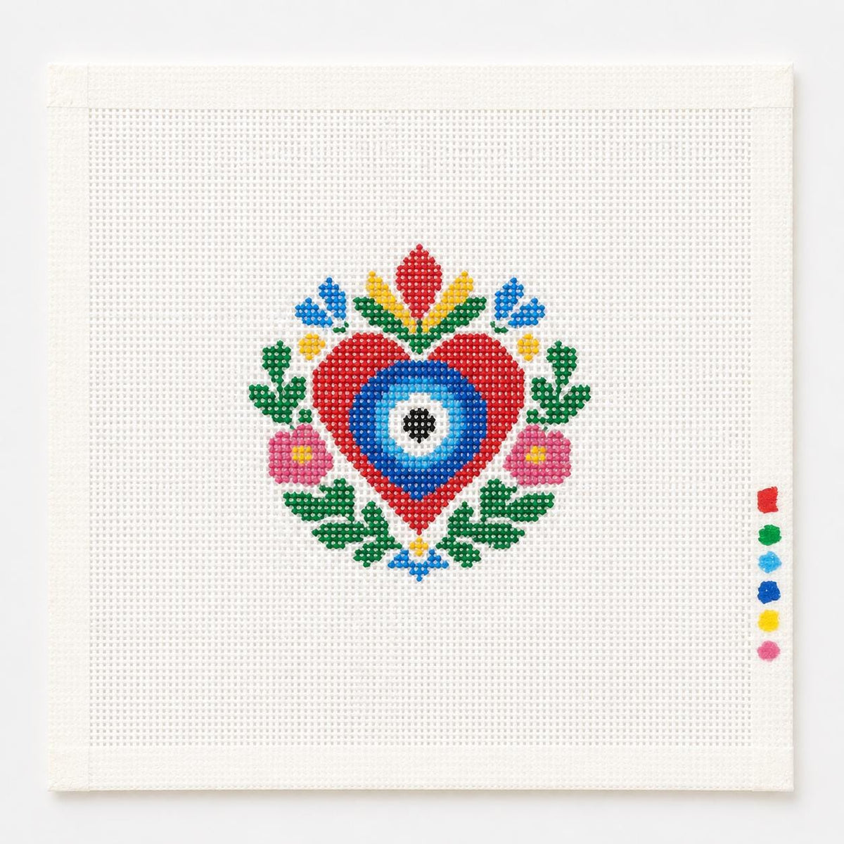 Mexican Folk Art Heart Needlepoint Canvas, Hand-Painted 13 Mesh, Colorful Sacred Heart Design