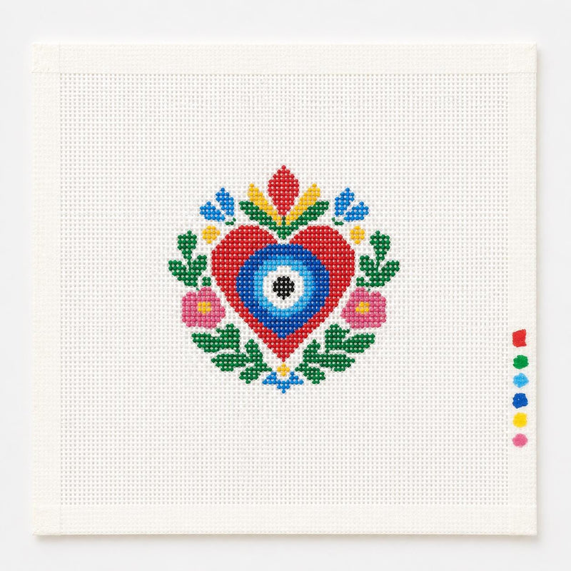 Mexican Folk Art Heart Needlepoint Canvas, Hand-Painted 13 Mesh, Colorful Sacred Heart Design