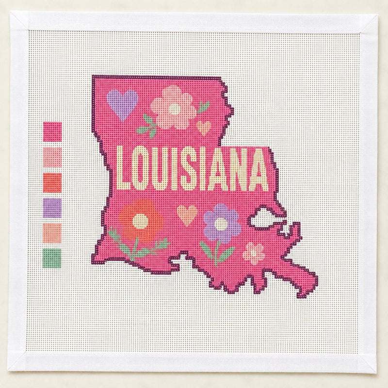 Louisiana Needlepoint Canvas, Pink Floral State Map, 13 Mesh Southern Travel Keepsake