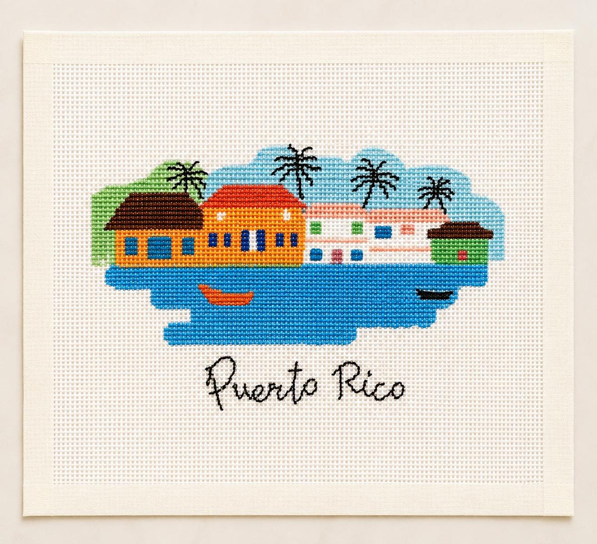 Puerto Rico Needlepoint Canvas, Hand-Painted 13 Mesh, Colorful Coastal Village Travel Design