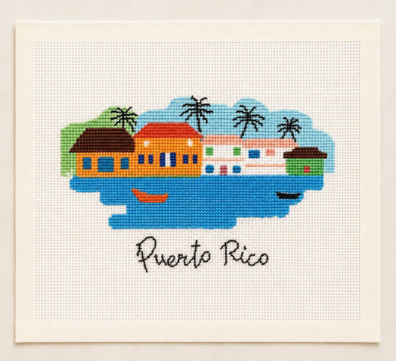 Puerto Rico Needlepoint Canvas, Hand-Painted 13 Mesh, Colorful Coastal Village Travel Design