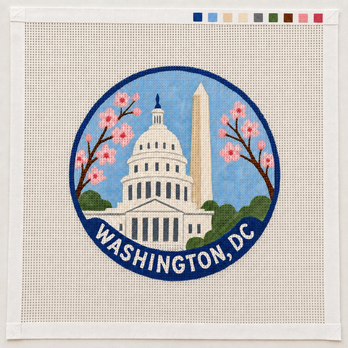 Washington DC Needlepoint Canvas, Hand-Painted 13 Mesh, Capitol Washington Monument Cherry Blossom Design