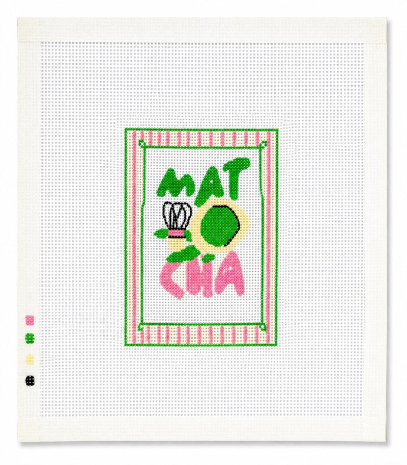 Matcha Needlepoint Canvas, Hand-Painted 13 Mesh, Green Tea Lover Pink and Green Design