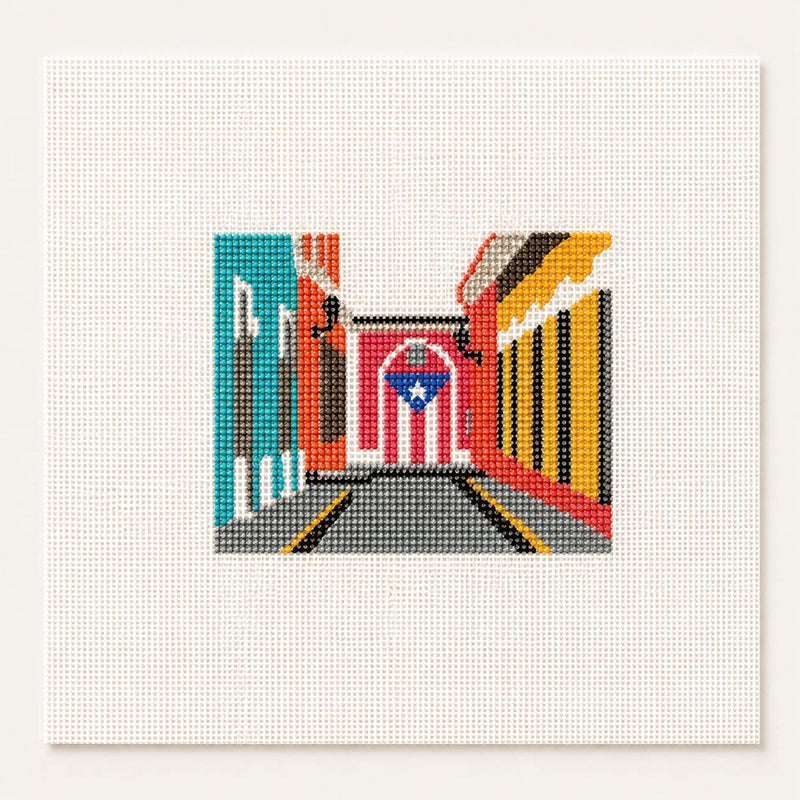 Puerto Rico Needlepoint Canvas, Hand-Painted 13 Mesh, Colorful Street Scene Travel Design