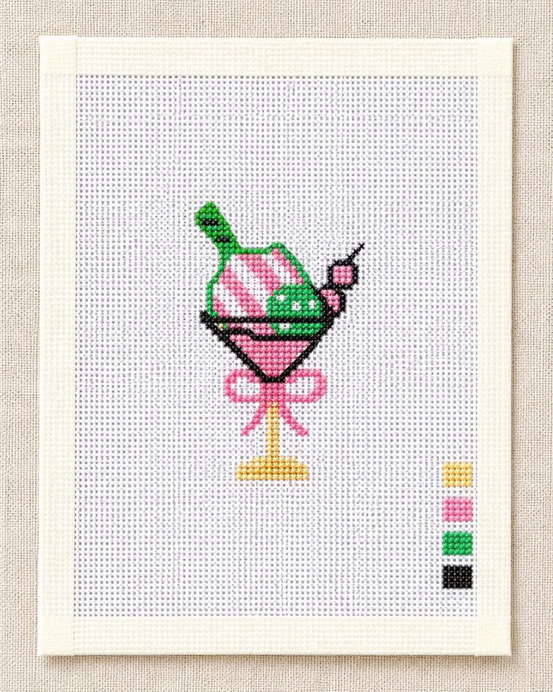 Pickleball Martini Needlepoint Canvas, Hand-Painted 18 Mesh Cocktail Ornament, Pink Green Gift