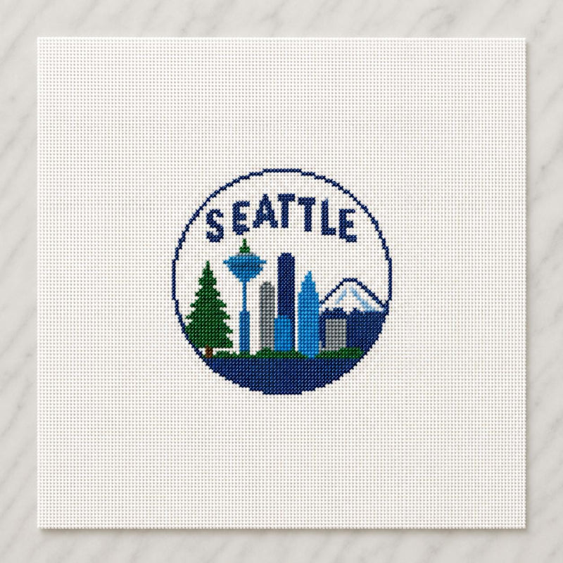 Seattle Needlepoint Canvas, Hand-Painted 18 Mesh, Space Needle Skyline Travel Ornament Design