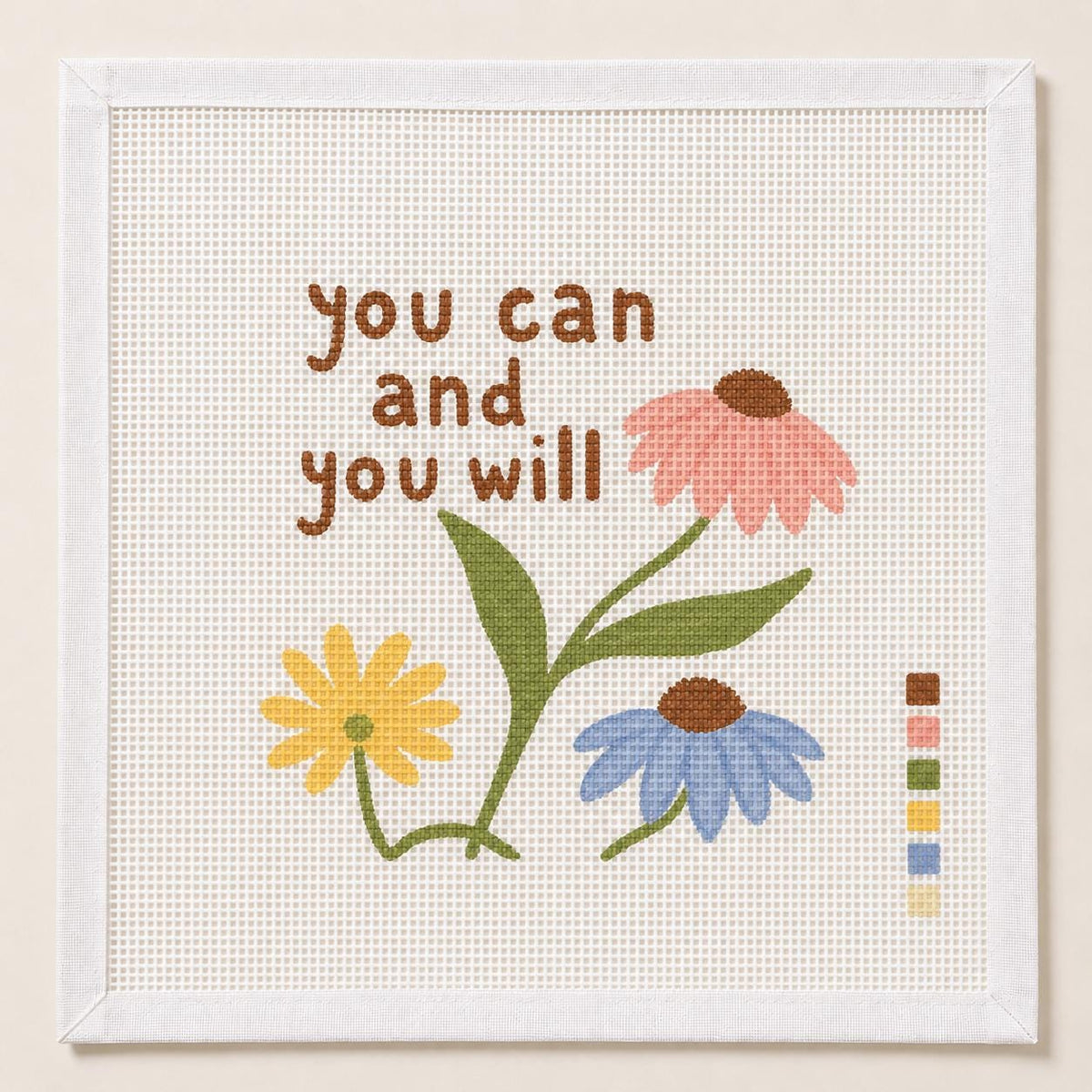 You Can and You Will Needlepoint Canvas, Floral Inspirational Quote Design, Beginner Stitching Project